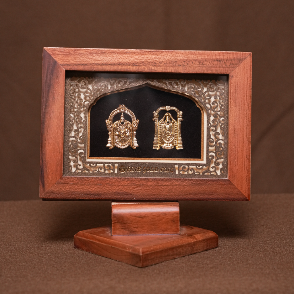 Tirupati Balaji & Padmavathi Gold Foil Frame – Wooden Stand Religious Idol