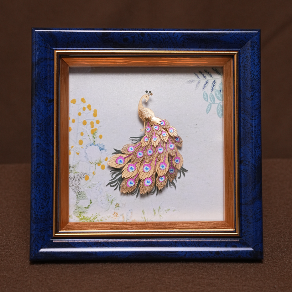 Elegant Peacock Gold Foil Frame – Decorative Art with Blue Border (5.5 x 5.5 Inch)