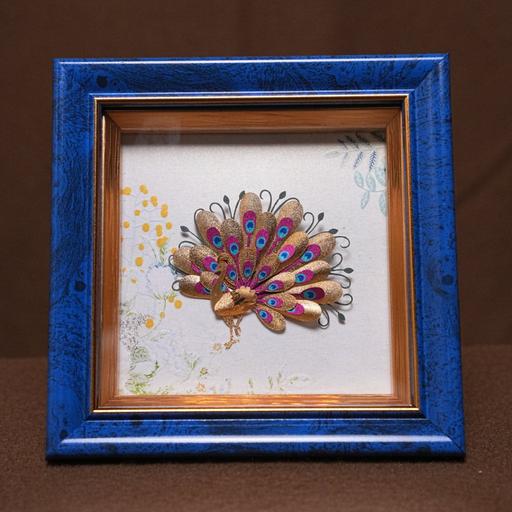 Elegant Peacock Gold-Tone Decorative Frame – Handcrafted Art (5.5 x 5.5 Inch)