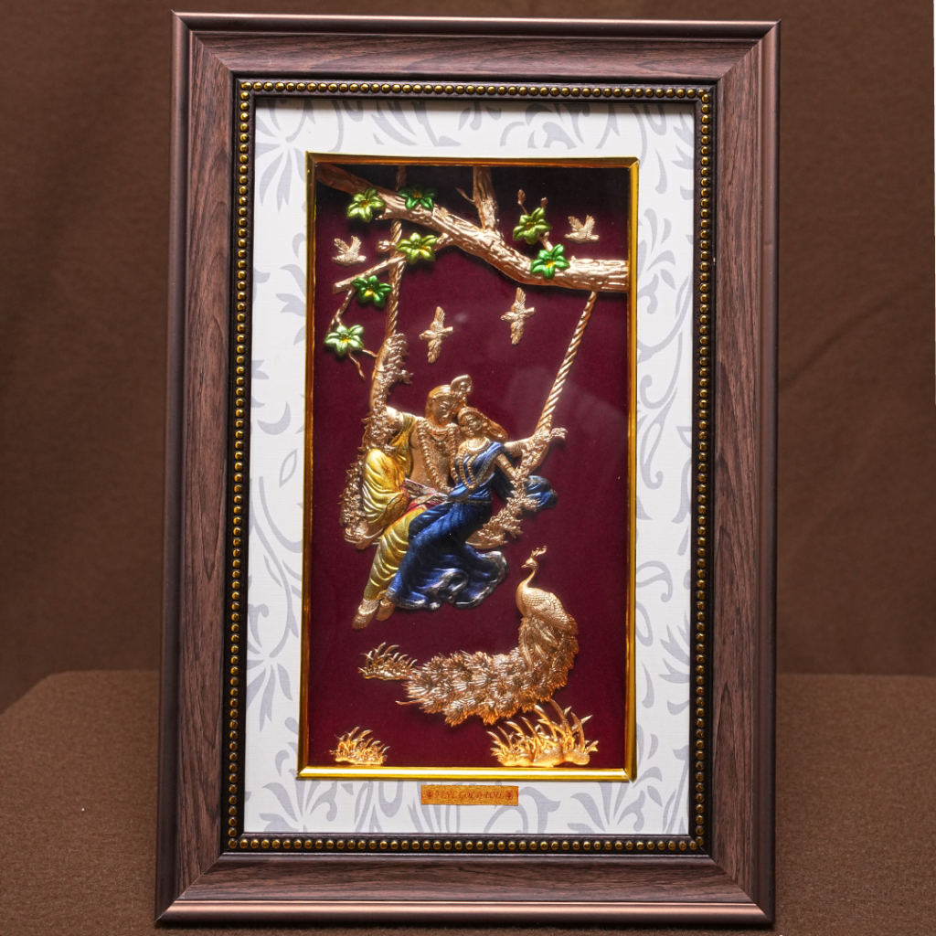 Radha Krishna Swing Gold Foil Frame with Peacock (11 x 5.5 Inch)