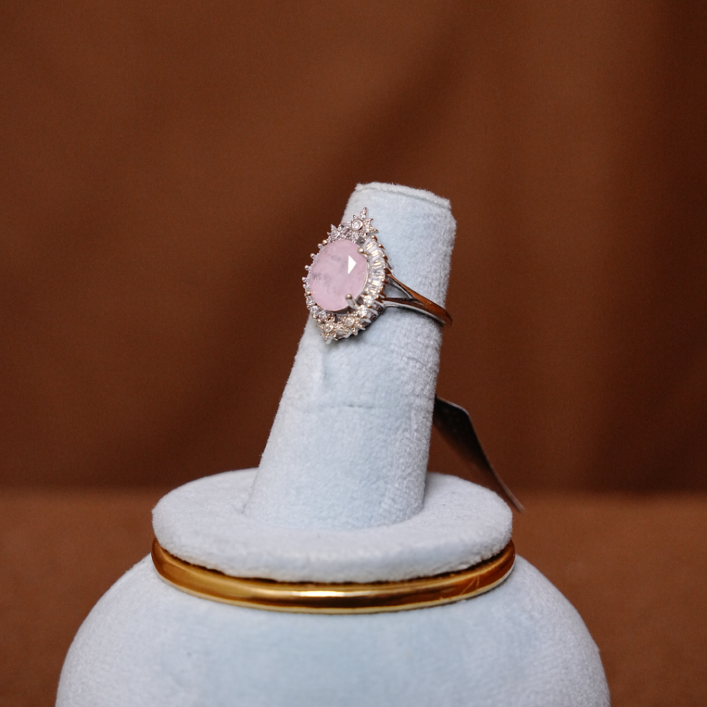 Oval Pink Stone Silver Ring with Halo Design