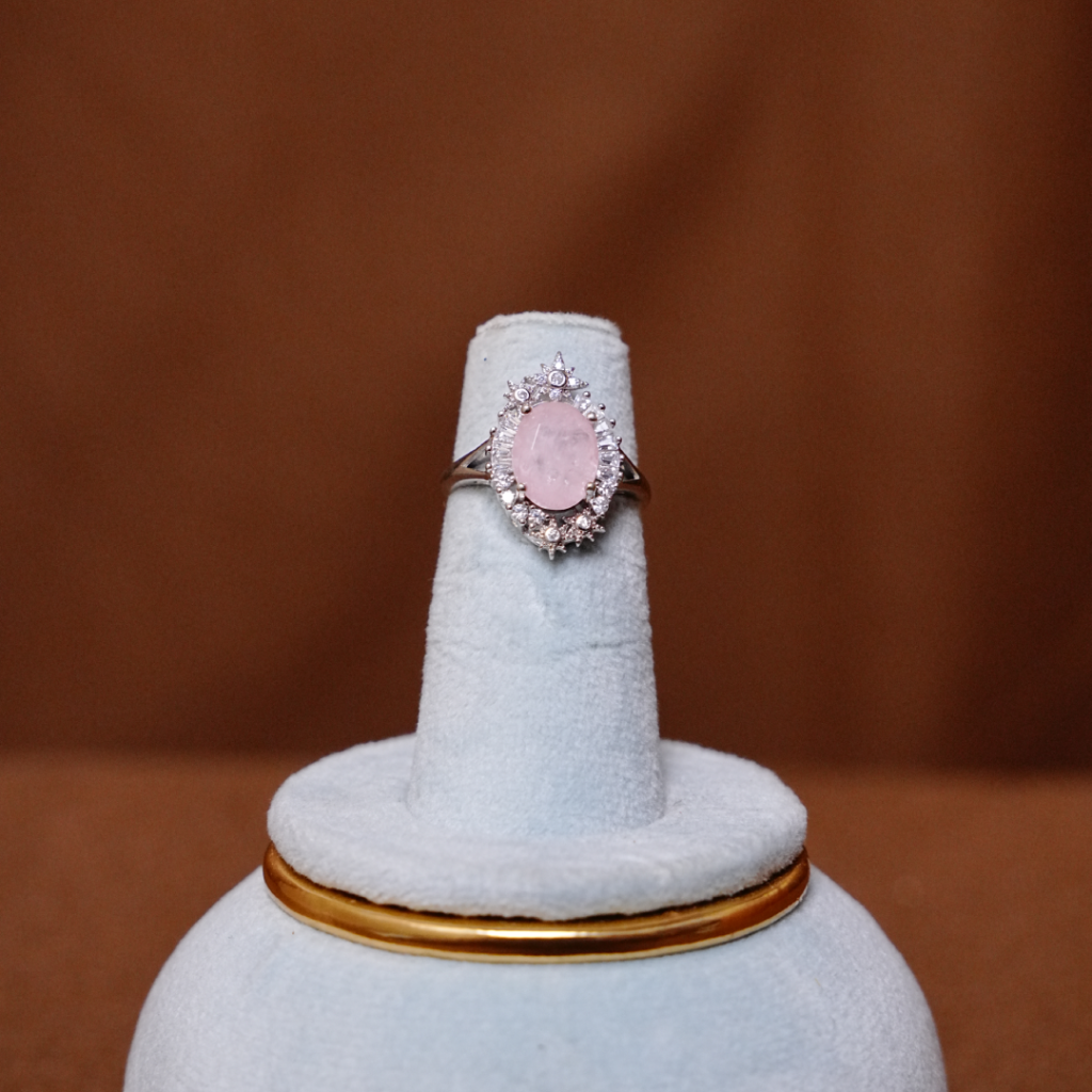 Oval Pink Stone Silver Ring with Halo Design