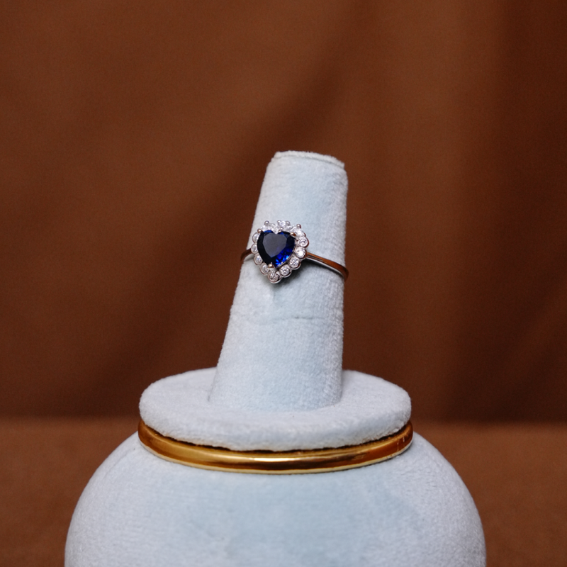 Heart-Shaped Blue Stone Silver Ring with Halo Setting