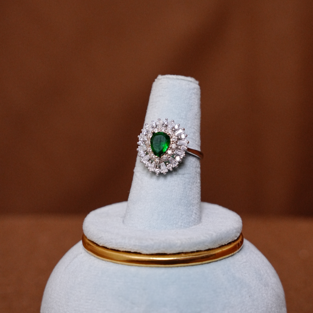 Pear-Shaped Green Stone Silver Ring with Radiant Halo