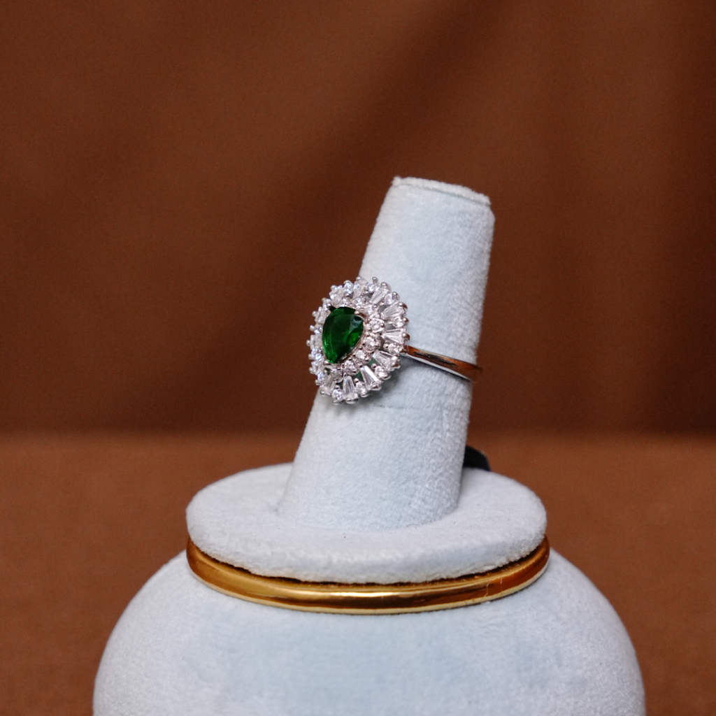 Pear-Shaped Green Stone Silver Ring with Radiant Halo