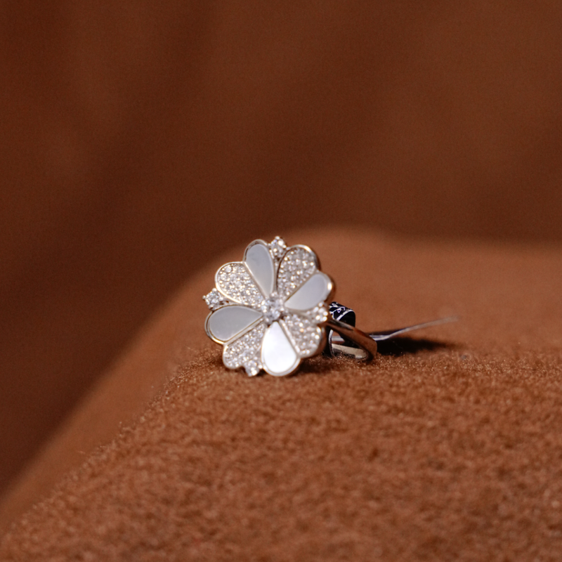 Elegant Floral Silver Ring with White Enamel & Zircon Stones