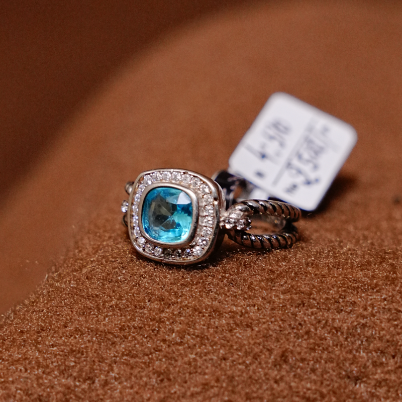 Blue Stone Silver Ring with Zircon Halo – Elegant Cushion Cut Statement Ring