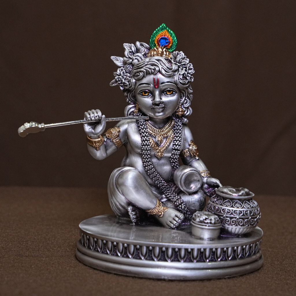 Bal Krishna Silver Finish Idol with Decorative – Spiritual Home Decor (4.5 Inch)