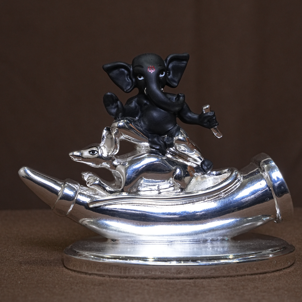 Lord Ganesha Silver Finish Idol with Decorative Base – Spiritual Home Decor (5 Inch)