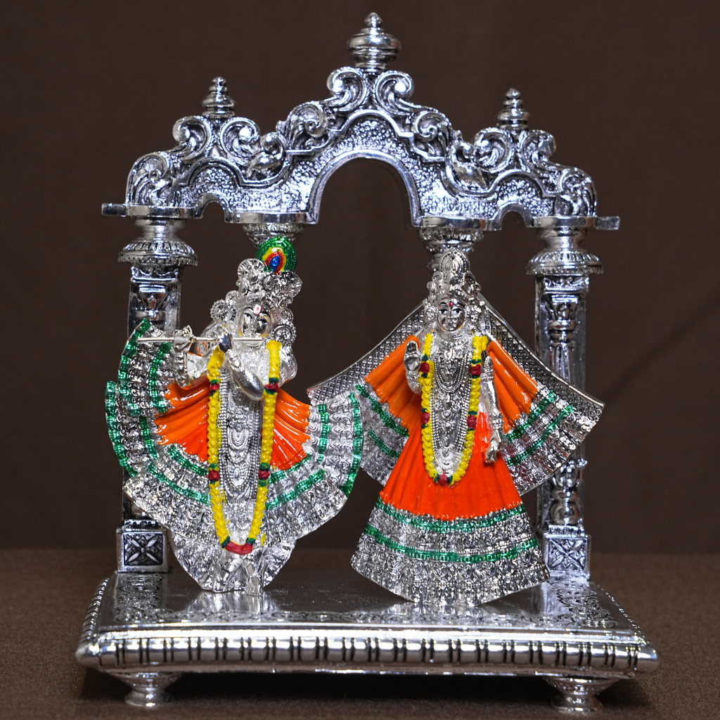 Elegant Radha Krishna Silver Plated Idol Set with Decorative Arch (6 Inch)