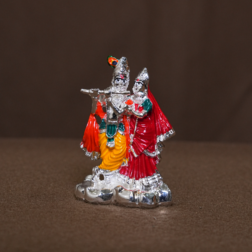 Radha Krishna Silver Idol – Divine Couple Statue with Flute (3 Inch)