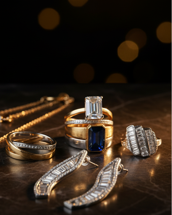 Gold and silver jewelry including a necklace, rings, and earrings on a dark surface with blurred lights in the background.