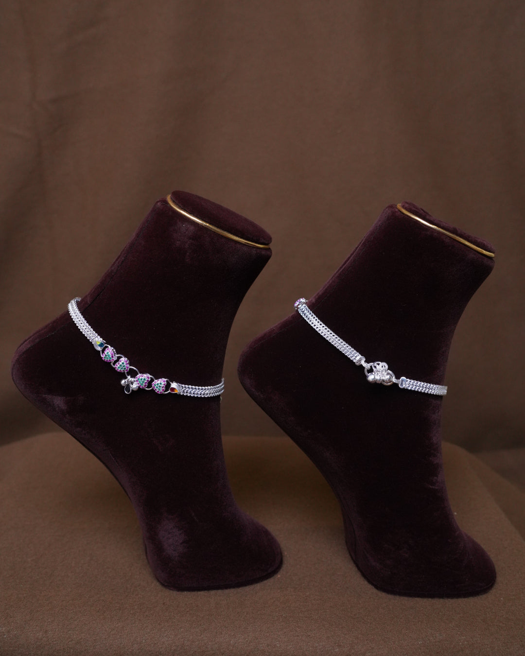 Traditional Silver Anklet with Pink & Green Stone Floral Motifs