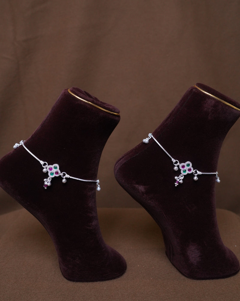 Elegant Silver Anklet with Multicolor Floral Charm & Dangling Beads