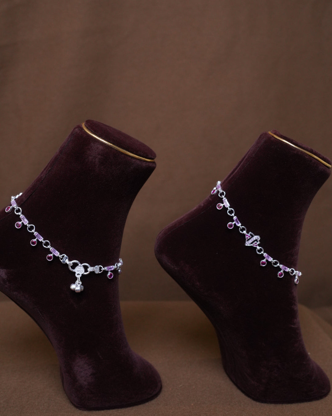 Silver Anklet with Pink Stone Charms & Delicate Drop Details