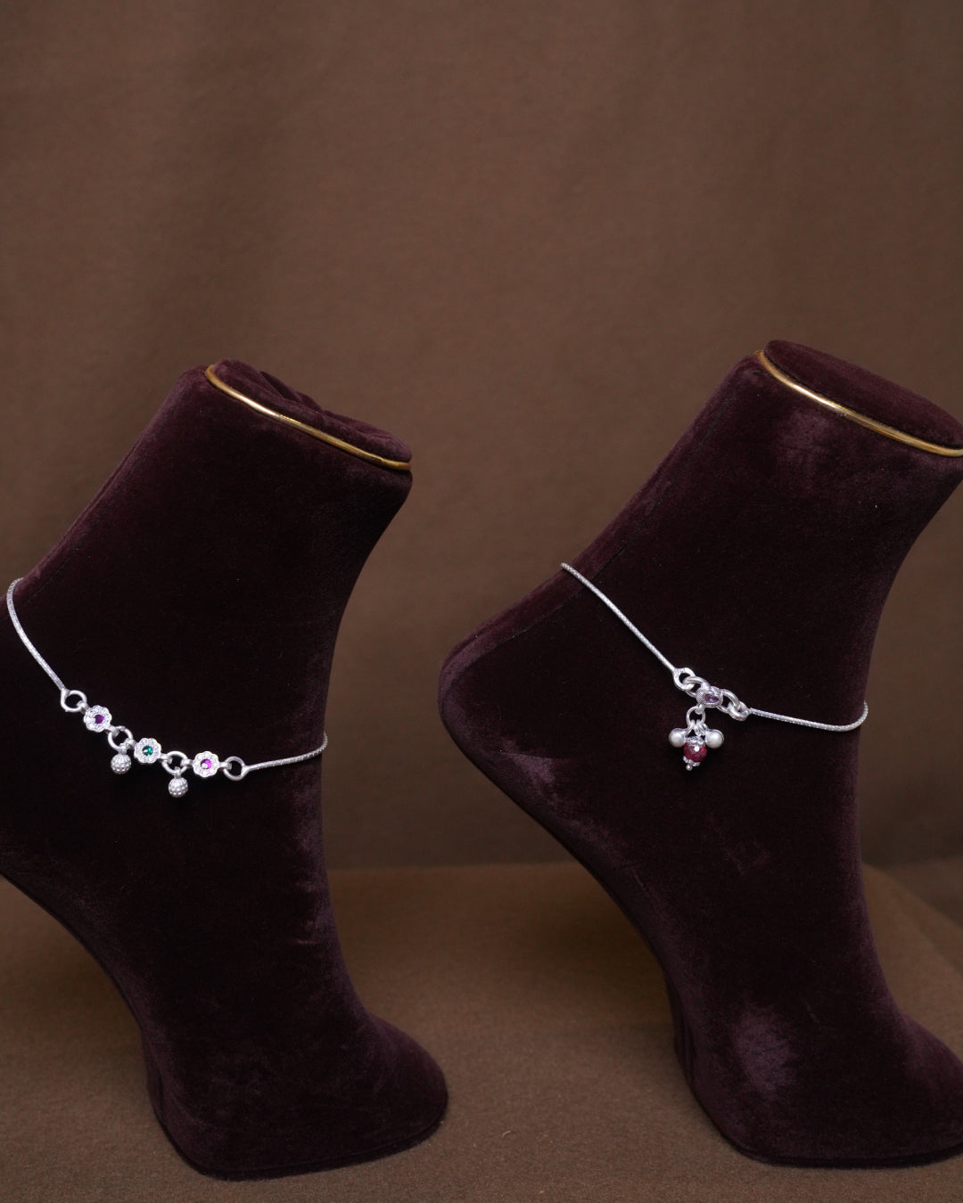 Minimal Silver Anklet with Multicolor Stone Accents & Charm Drop