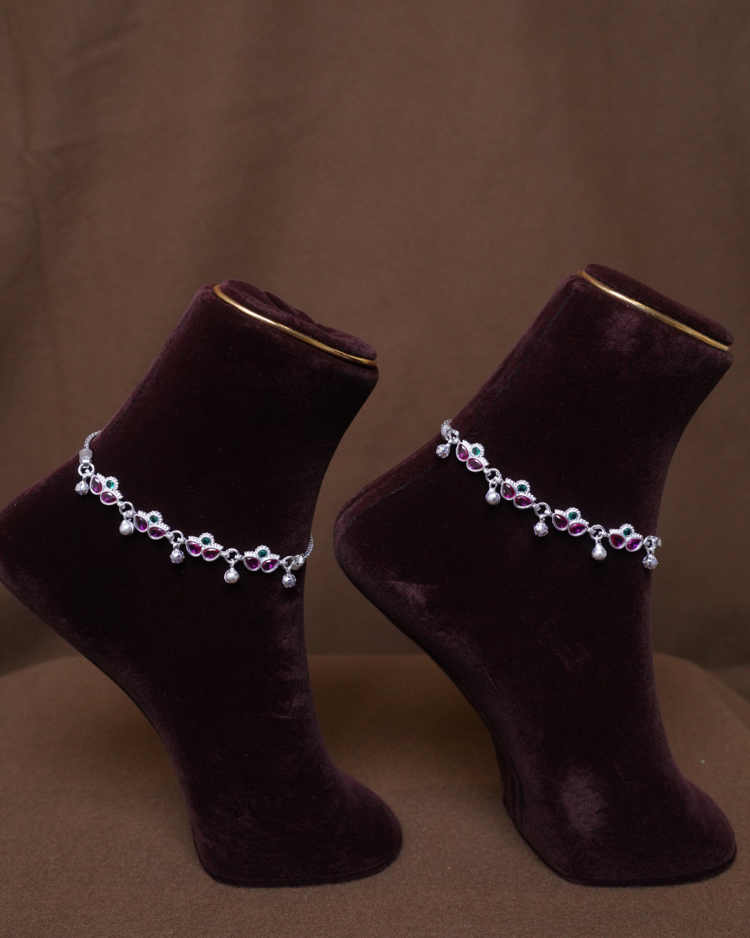 Traditional Silver Anklet with Pink & Green Stone Floral Design