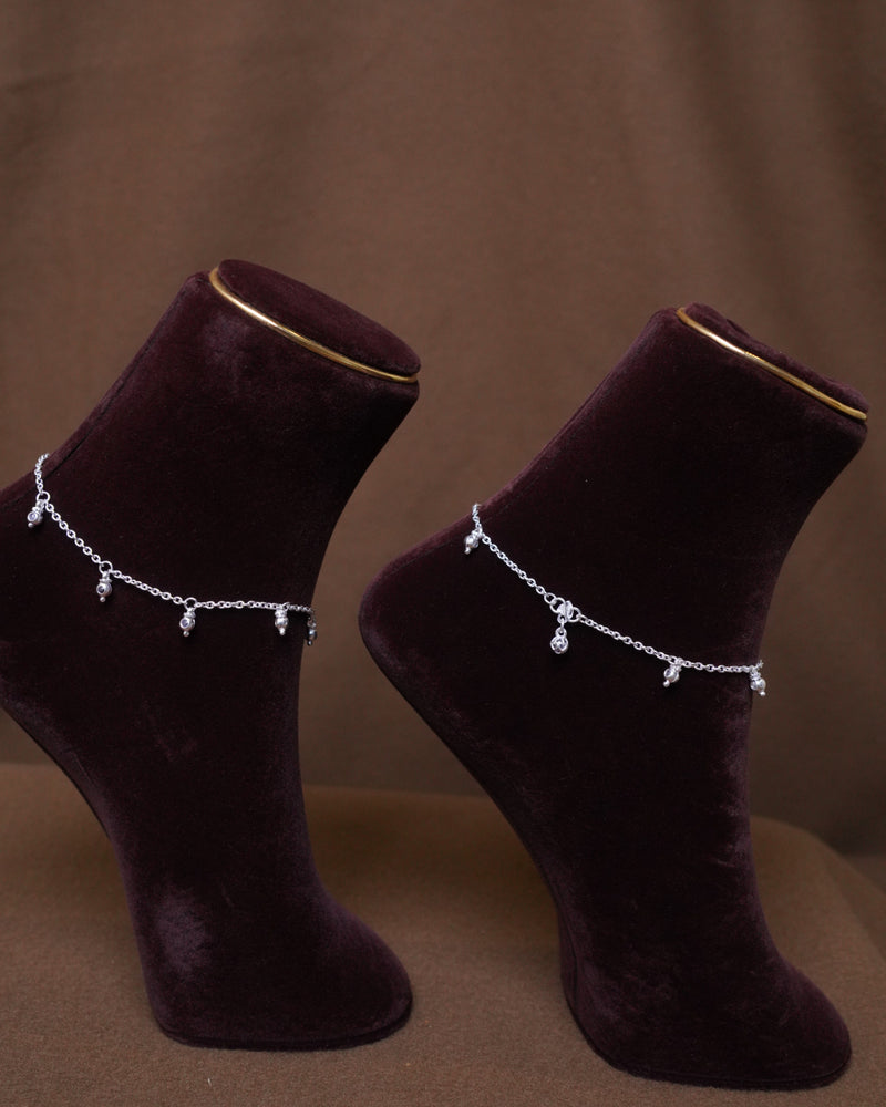 Delicate Silver Anklet with Multi Drop Charms – Elegant Minimal Chain Bracelet
